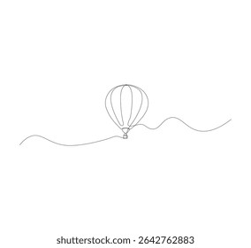 Continuous line drawing of hot air balloon on white background. Minimalist trendy line art of hot air balloon. Travel vector illustration