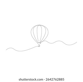 Continuous line drawing of hot air balloon on white background. Minimalist trendy line art of hot air balloon. Travel vector illustration