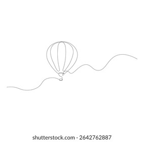 Continuous line drawing of hot air balloon on white background. Minimalist trendy line art of hot air balloon. Travel vector illustration
