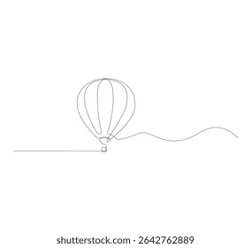 Continuous line drawing of hot air balloon on white background. Minimalist trendy line art of hot air balloon. Travel vector illustration