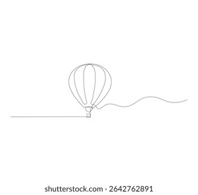 Continuous line drawing of hot air balloon on white background. Minimalist trendy line art of hot air balloon. Travel vector illustration