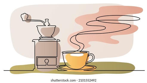 continuous line drawing of hot aroma cup of coffee and vintage manual coffee grinder