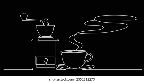 continuous line drawing of hot aroma cup of coffee and vintage manual coffee grinder