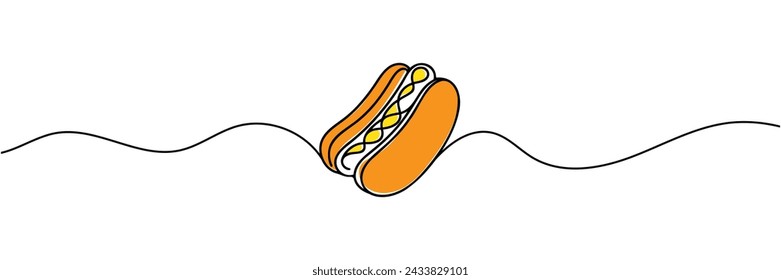 continuous line drawing of a hot dog.One line drawing of a hot dog. vector illustration