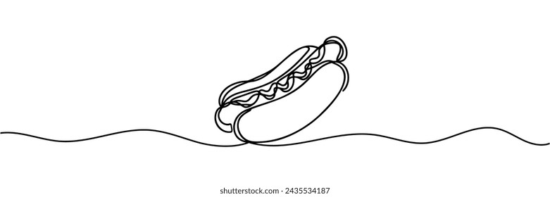 continuous line drawing of a hot dog.One line drawing of a hot dog. vector illustration