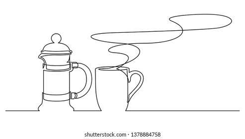continuous line drawing of hot fresh aroma cup of coffee and french press