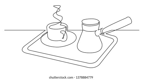 continuous line drawing of hot fresh cup of coffee and jezve on tray