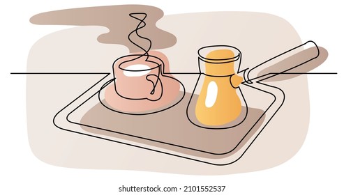 continuous line drawing of hot fresh cup of coffee and jezve on tray