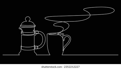 dibujo de línea continua de aroma fresco caliente taza de café y prensa francesa