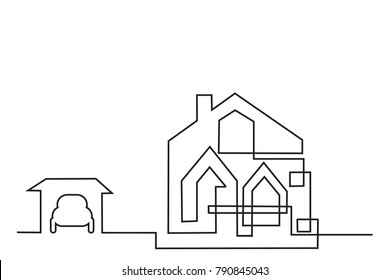 continuous line drawing of house. car in the garage