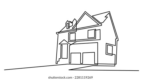 continuous line drawing of house exterior in suburb neighbourhood as real estate home property concept