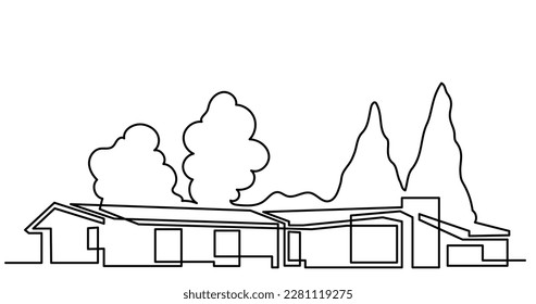 continuous line drawing of house exterior in suburb neighbourhood as real estate home property concept