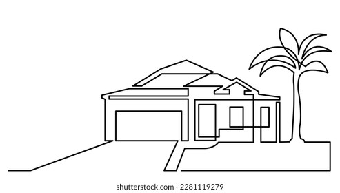 continuous line drawing of house exterior in suburb neighbourhood as real estate home property concept