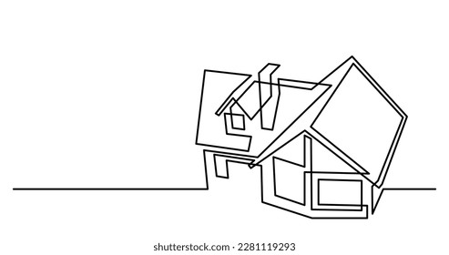 continuous line drawing of house exterior in suburb neighbourhood as real estate home property concept