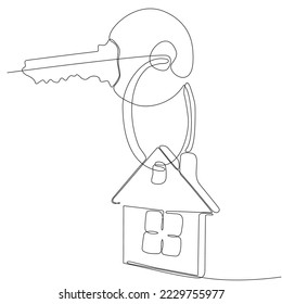 
continuous line drawing of house key with house shaped keychain, real estate concept, isolated on white background. vector