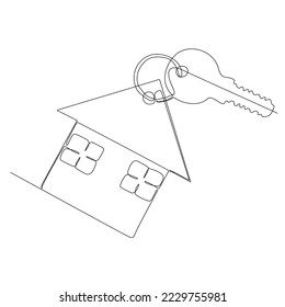
dibujo de línea continua de la llave de la casa con cadena de llaves en forma de casa, concepto inmobiliario, aislado en fondo blanco. vector