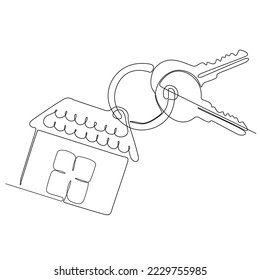 
continuous line drawing of house key with house shaped keychain, real estate concept, isolated on white background. vector