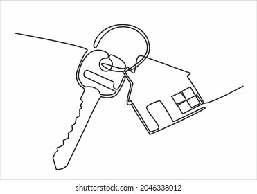dibujo continuo de las llaves de la casa con llave en forma de casa, concepto inmobiliario, aislado en fondo blanco. vector