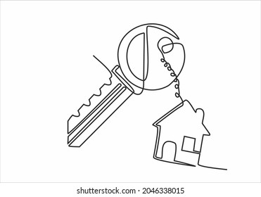 continuous line drawing of house keys with house shaped keychain, real estate concept, isolated on white background. vector