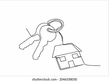 continuous line drawing of house keys with house shaped keychain, real estate concept, isolated on white background. vector
