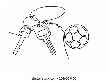 
continuous line drawing of house keys with ball-shaped keychain, real estate concept, isolated on white background. vector