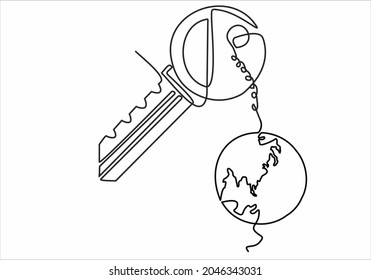 
dibujo de líneas continuas de llaves de casa con cadena de claves en forma de globo, concepto inmobiliario, aislado en fondo blanco. vector