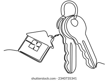continuous line drawing of House keys with house shaped keychain, Real estate concept, isolated on white background. vectors