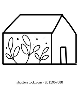 Dibujo continuo de líneas. Casa con hojas. Símbolo de planta. Negro aislado sobre fondo blanco. Ilustración vectorial dibujada a mano. Doodle de construcción de campo