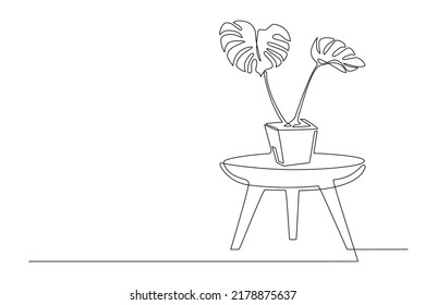 Continuous line drawing of House plant monstera in pot on table. line art style. Editable stroke Continuous One line handdrawn of Beautiful flower Isolated. Minimalist Vector illustration