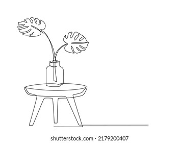 Continuous line drawing of House plant monstera in pot on table. line art style. Editable stroke Continuous One line handdrawn of Beautiful flower Isolated. Minimalist Vector illustration