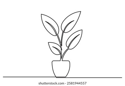 Continuous line drawing of House plants in pots. Single Line flower in a pot. Potted Cactus Family One Line Hand Drawn Illustration. Beautiful flower Isolated on a white background.