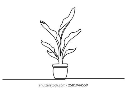 Continuous line drawing of House plants in pots. Single Line flower in a pot. Potted Cactus Family One Line Hand Drawn Illustration. Beautiful flower Isolated on a white background.