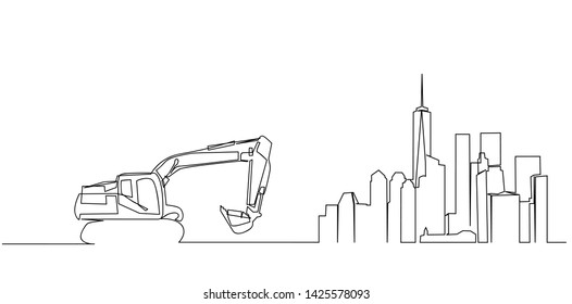 continuous line drawing of house, residential building concept, logo, symbol, construction, vector illustration simple.
The building is being constructed with a loader machine.