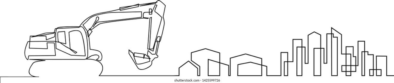 continuous line drawing of house, residential building concept, logo, symbol, construction, vector illustration simple.
The building is being constructed with a loader machine.