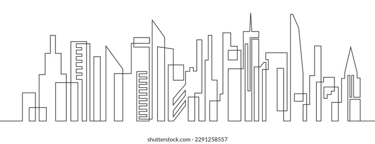 Continuous line drawing of house, residential building concept. Panoramic landscape of metropolis architecture, skyscrapers. Modern cityscape continuous one linear illustration. 