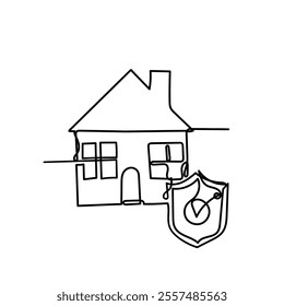continuous line drawing house with shield protection icon 
