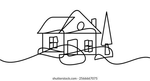 continuous line drawing of house symbol with tree. abstract line art illustration