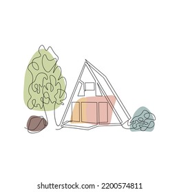 Continuous line drawing of house with tree, bush and rock