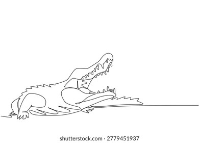 Continuous line drawing of huge crocodile lying down on dry land with open jaw. Dangerous predator animal concept for World Croc Day national geographic magazine cover layout visual art.