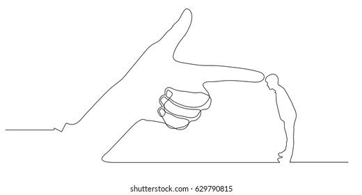 continuous line drawing of Huge hand pointing a scared businessman