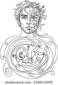 Continuous line drawing human AI face split surreal inner mind dream concept artificial intelligence psychology minimal vector outline illustration style