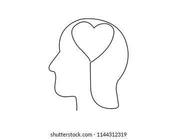 continuous line drawing of the human brain are thinking of a heart.
Vector illustrations Hand drawn