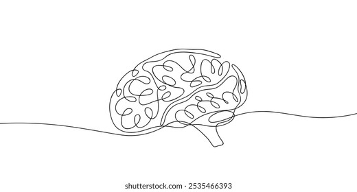Continuous line drawing of human brain. Minimalist black linear sketch isolated on white background. Hand drawn vector illustration.