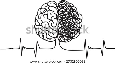 Continuous line drawing of human brain, half logical and half messy, connected by heartbeat pulse. Simple line art with a transparent background. Vector illustration of mental health and stress. Concept art for emotional balance and intelligence.