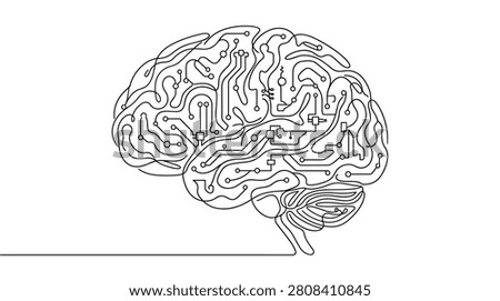Continuous line drawing of human brain with digital circuit board pattern isolated vector illustration for artificial intelligence technology and data science concept. Minimalist brain anatomy design representing innovative computing network intelligence and digital neural systems.