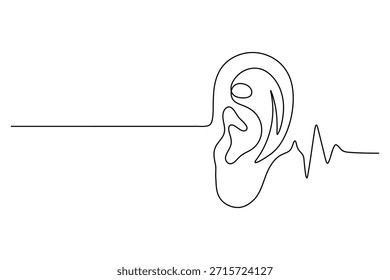 Dibujo de línea continuo del oído humano que recibe y procesa las ondas sonoras. Representa escuchar de izquierda a derecha.