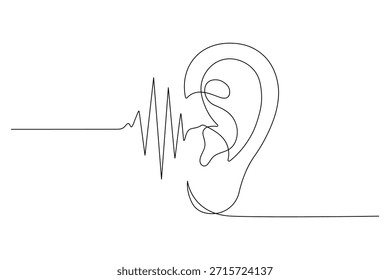 Desenho de linha contínua do ouvido humano com onda sonora de batimento cardíaco. Percepção auditiva vital representada por linhas agudas.