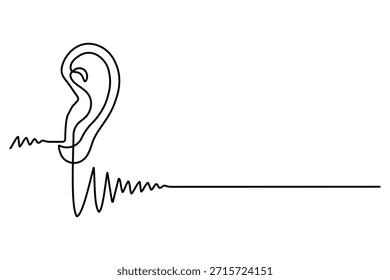 Desenho de linha contínua do ouvido humano com onda sonora oscilante. Representa o processamento de áudio e sons de detecção.