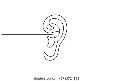 Desenho de linha contínua do ouvido humano. Arte minimalista abstrata da audição. Conceito de escuta sobre fundo branco.