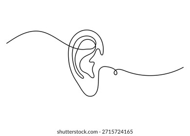 Desenho de linha contínua do ouvido humano com onda sonora. Conceito de escuta, audição ou reconhecimento de som.